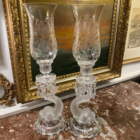 Pair of dolphin Baccarat candle holders
