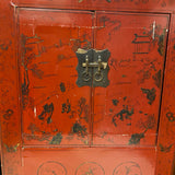 Pair of red Asian end tables with marbe tops (AS IS on marble top cracked)