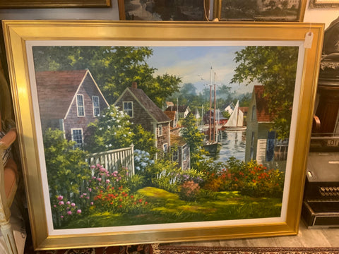 oil painting of houses and harbor on Marthas Vineyard by Gary Shepard