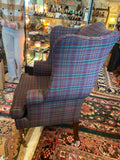 pair of plaid wing back chairs