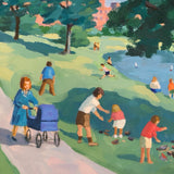 Painting of Brooklyn park scene with ornate frame signed Reid Christman