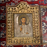 Greek Icon in Wood Glass Case with Gilt & Gesso 3D Ornamentation