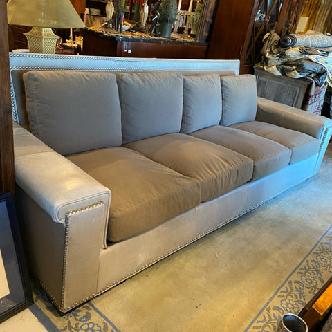 gorgeous gray leather and flannel 4 cushion couch by Paul Robert