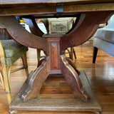 square rustic dining table with center pedestal