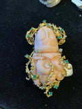 Coral Carved Head in 18k Setting with Diamonds and Gems