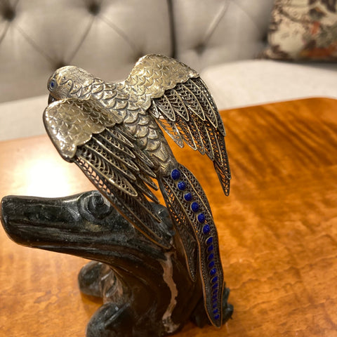 Handmade Yunnan Parrot Sterling Silver on Stone Stand