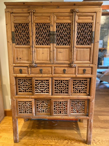 Solid wood Chinese cabinet with fretwork with 4 drawer and upper an lower doors