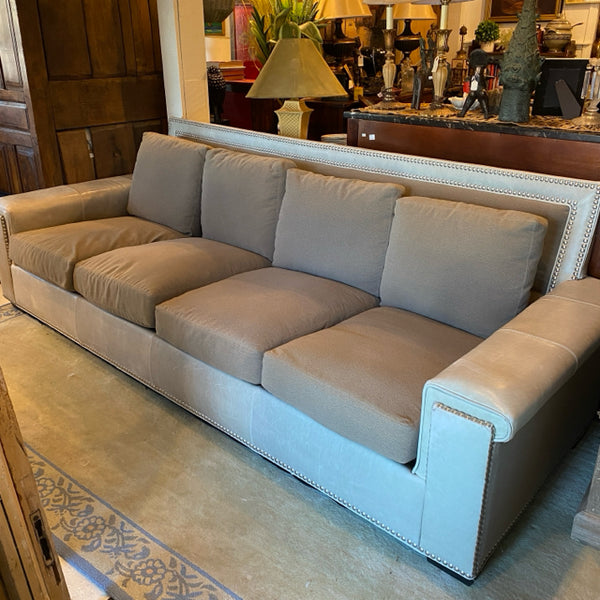 gorgeous gray leather and flannel 4 cushion couch by Paul Robert