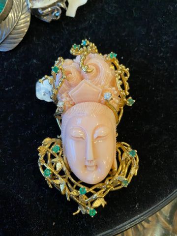 Coral Carved Head in 18k Setting with Diamonds and Gems