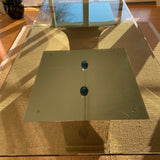 Roche Bobois glass top dining table with metal double pedestal base