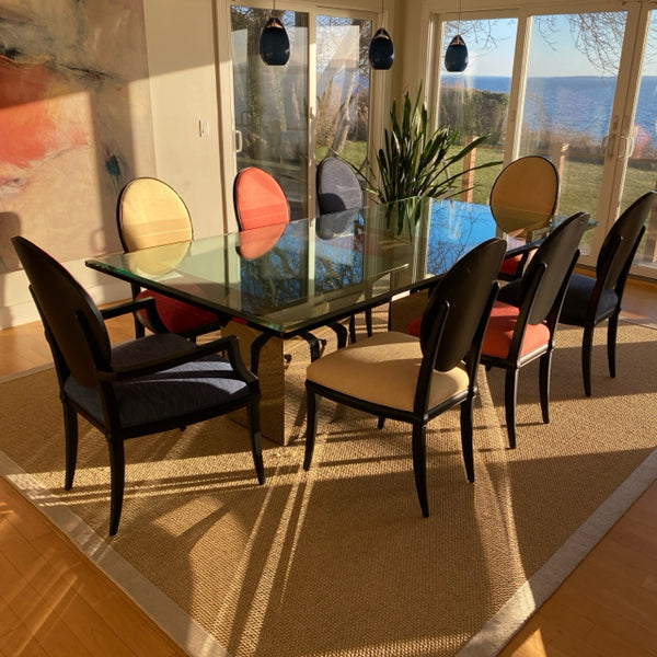 Roche Bobois glass top dining table with metal double pedestal base