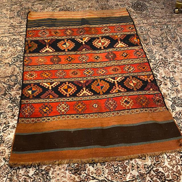 Striped Kilim Rug in Orange, Red Brown Threads 2'10" x 4'3"