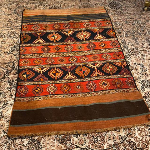 Striped Kilim Rug in Orange, Red Brown Threads 2'10" x 4'3"