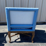 Pair of Carved Framed Blue Satin Down Cushion Arm Chairs