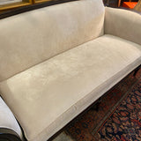 Bernhardt mahogany framed roll arm couch with ivory chenille upholstery