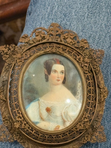Handpainted Portrait Miniature Of Woman With Red Hair Piece
