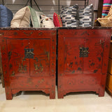 Pair of red Asian end tables with marbe tops (AS IS on marble top cracked)