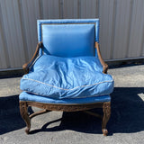 Pair of Carved Framed Blue Satin Down Cushion Arm Chairs