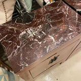 Pair of red Asian end tables with marbe tops (AS IS on marble top cracked)