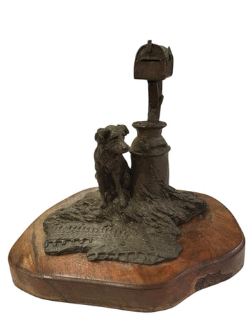 Bronze Dog and Mailbox sculpture on wood base signed Lowell Davis