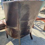 Pair of Restoration Hardware leather tufted highback arm chairs with ottoman