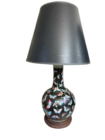 pair of Chinese Porcelain Butterfly Lamps With Black Shades