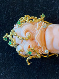 Coral Carved Head in 18k Setting with Diamonds and Gems