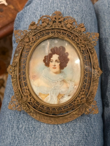 Handpainted Portrait Miniature Of Woman In Lace Collar