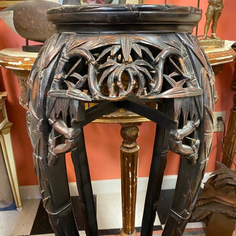 PEDESTAL stand Asian ornate carved wood marble top