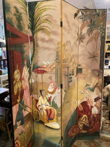 Handpainted Chinoiserie Four Panel Folding Screen