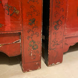 Pair of red Asian end tables with marbe tops (AS IS on marble top cracked)