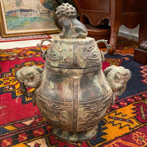 Chinese broze foo dog lidded urn with ram handles