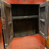 Pair of red Asian end tables with marbe tops (AS IS on marble top cracked)