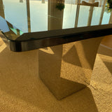 Roche Bobois glass top dining table with metal double pedestal base