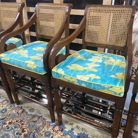 set of 5 teak caned scroll armed counter stools with floral cushions