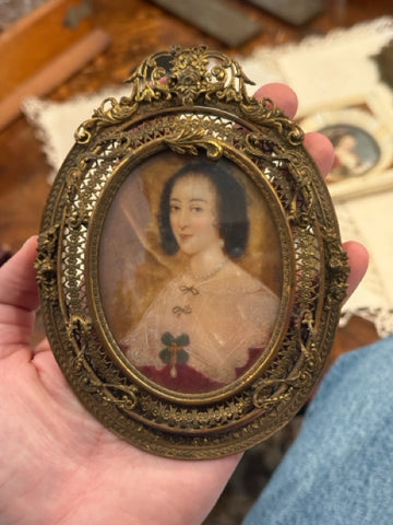 Handpainted Portrait Miniature Of Woman With Jeweled Cross