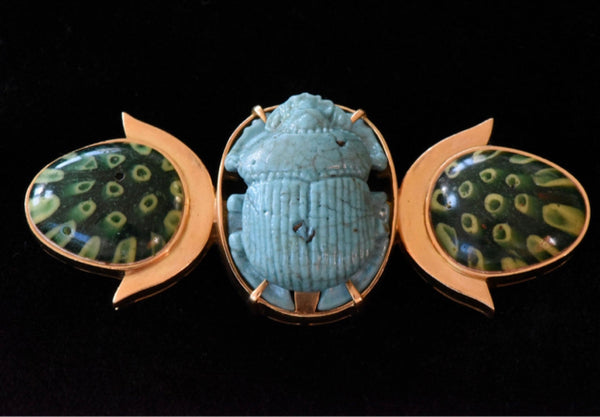 turquoise scarab pin set in 18k gold