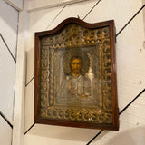 Greek Icon in Wood Glass Case with Gilt & Gesso 3D Ornamentation