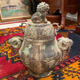 Chinese broze foo dog lidded urn with ram handles