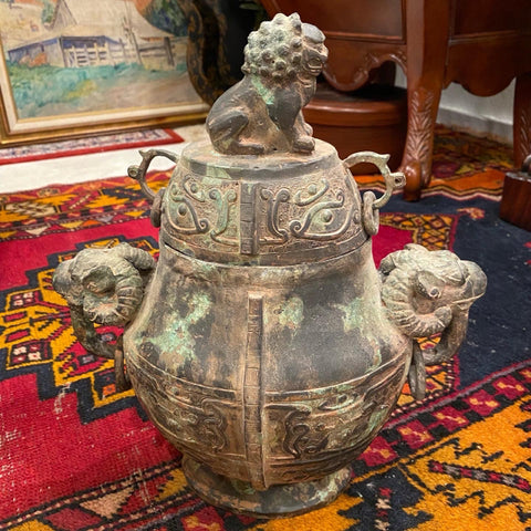 Chinese broze foo dog lidded urn with ram handles