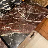 Pair of red Asian end tables with marbe tops (AS IS on marble top cracked)