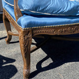 Pair of Carved Framed Blue Satin Down Cushion Arm Chairs