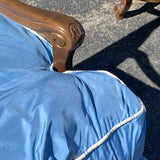 Pair of Carved Framed Blue Satin Down Cushion Arm Chairs