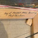 Painting of Brooklyn park scene with ornate frame signed Reid Christman