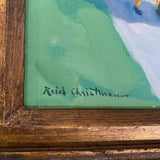 Painting of Brooklyn park scene with ornate frame signed Reid Christman