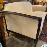 Bernhardt mahogany framed roll arm couch with ivory chenille upholstery