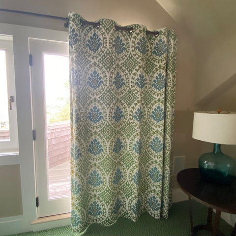 Pair of Green & Blue Medallion Print Curtains, Lined