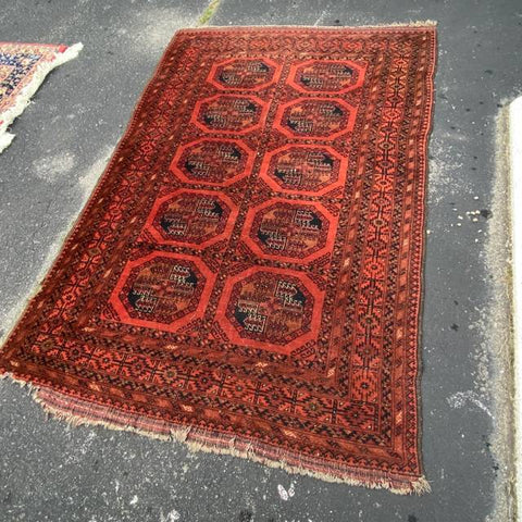 Red Persian Rug with 10 Hexagon Medallions in Center 4'2" x 6'4"