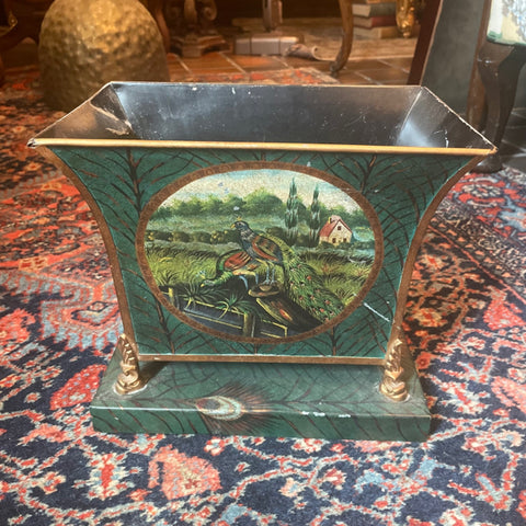 tole CACHE POT with peacock motif as is