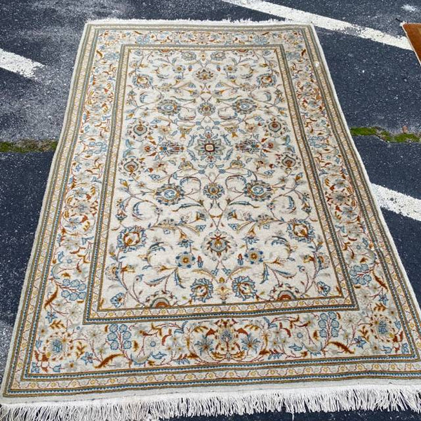 Cream Floral Silk Persian Rug with Fringe 3'7" x 5 '9"